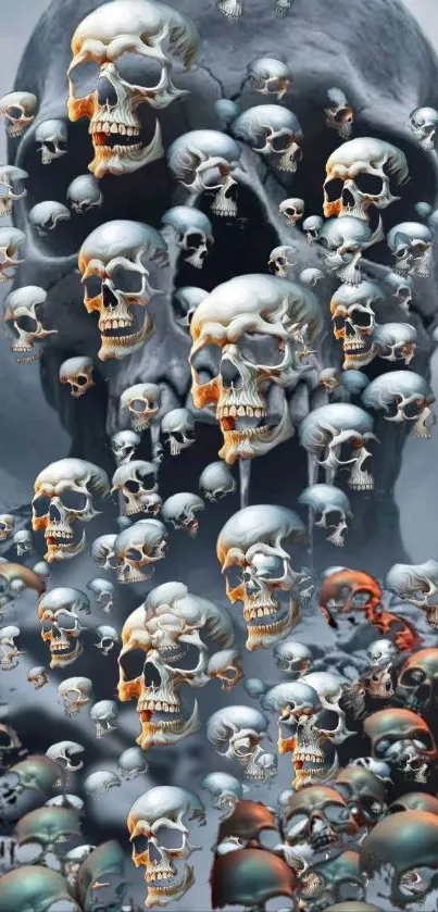 A surreal phone wallpaper depicting an artistic cascade of skulls.