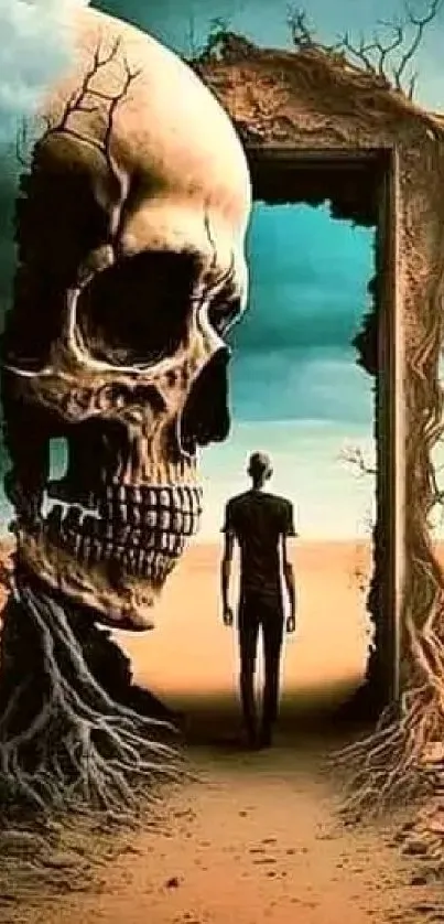 Surreal skull in desert landscape with silhouette figure.