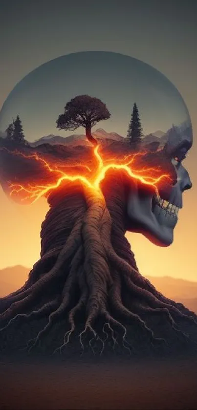 Surreal artwork of skull merging into a tree with a thunderous background.