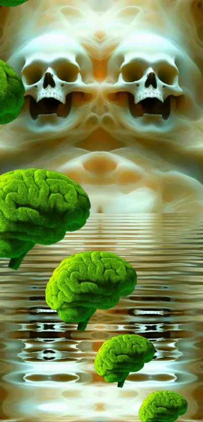 Surreal wallpaper with green brains and skulls in reflection.