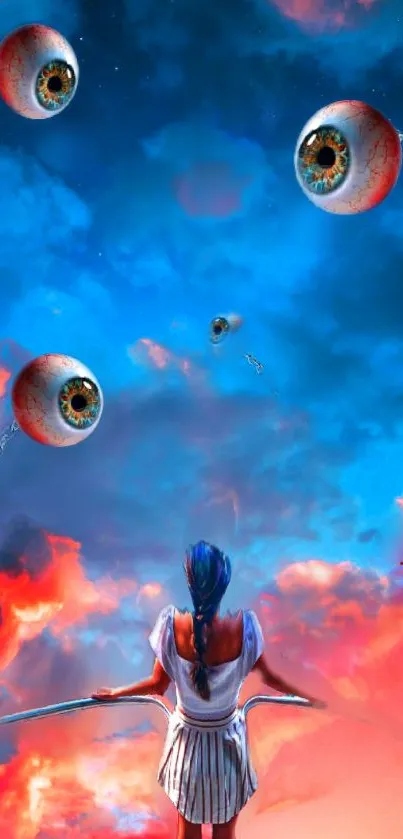 Surreal fantasy art with floating eyeballs in a vibrant blue sky.