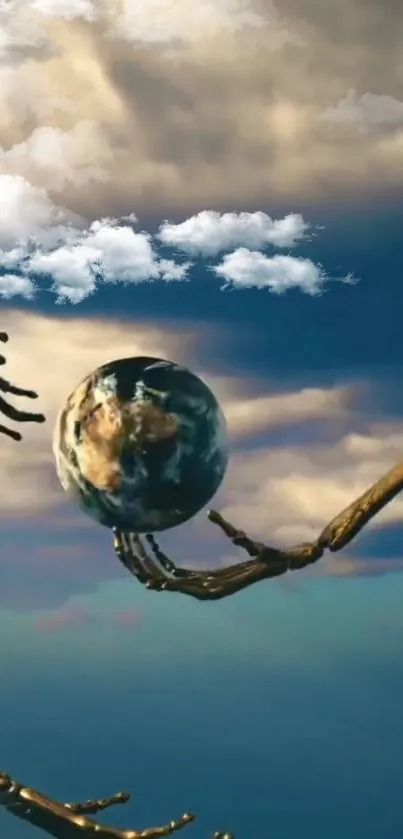 Surreal artwork of skeletal hands in clouds.