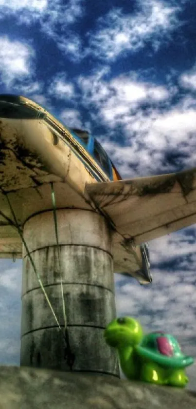 Vintage airplane on pedestal with toy turtle against a cloudy sky backdrop.