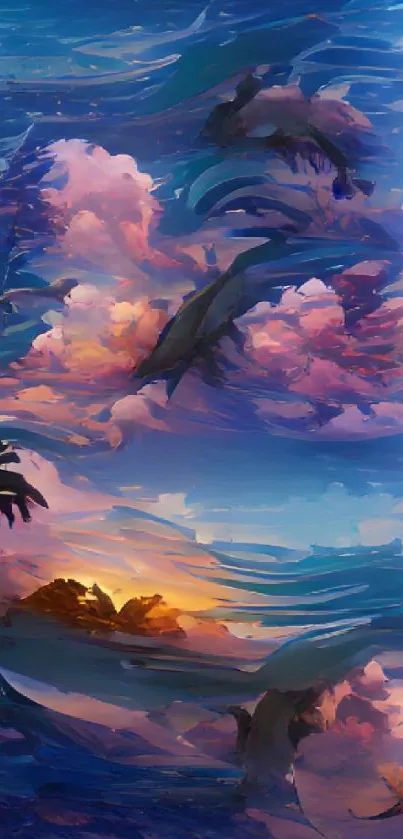 Surreal seascape with vibrant clouds and ocean waves in blue hues.