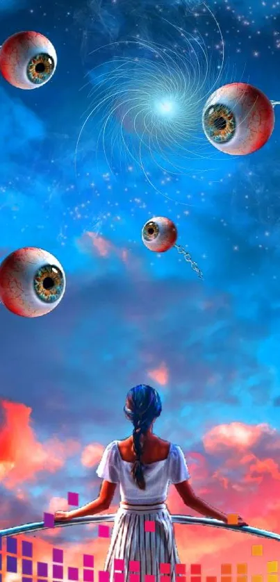 Surreal wallpaper featuring a mystical sky with floating eyes and a central figure.