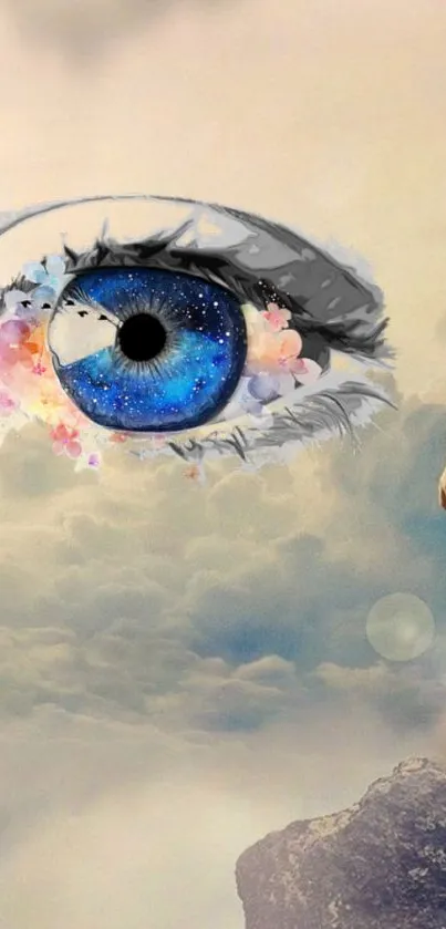 Surreal wallpaper featuring a blue eye in the sky with a woman silhouette.