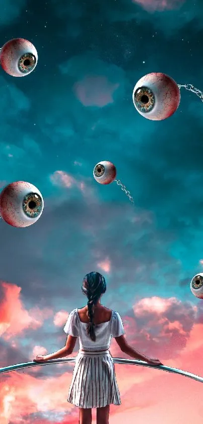 Girl watches floating eyeballs in surreal teal and pink sky.