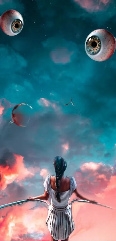 Surreal scene with floating eyes and colorful clouds.