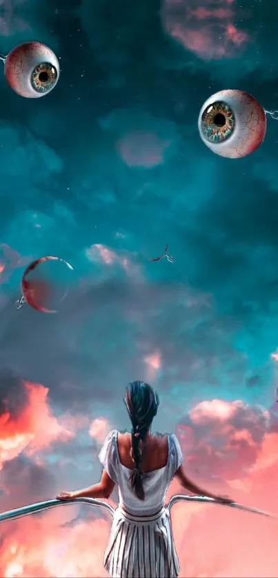 A surreal sky wallpaper with floating eyes and a person gazing upwards.