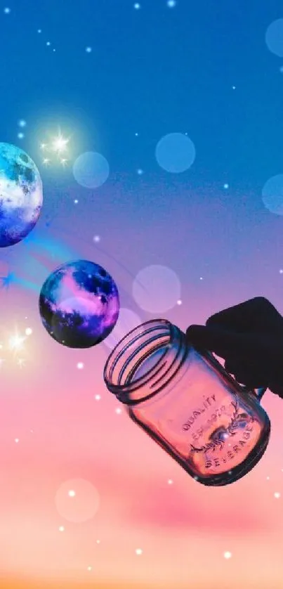 Surreal night sky with jar and planets in colorful gradient background.