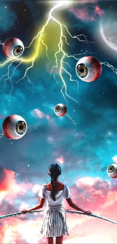 Surreal wallpaper with eyeballs and lightning in a cosmic sky.