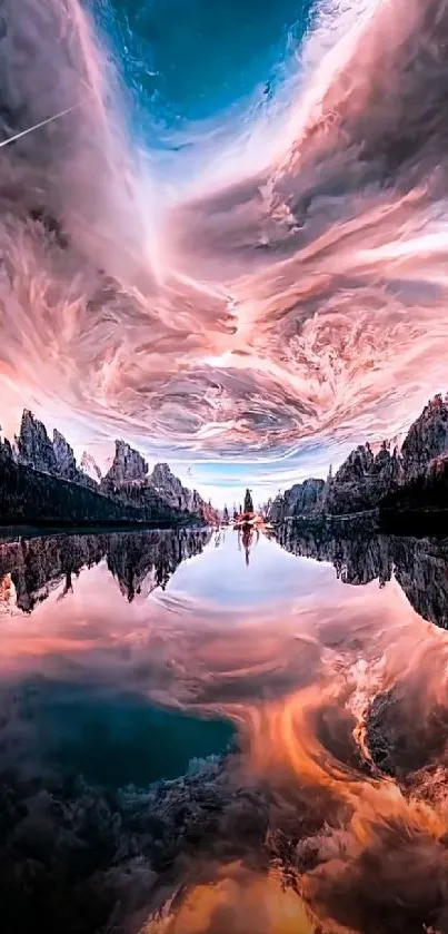 Surreal sky reflection with pink clouds over a calm lake.