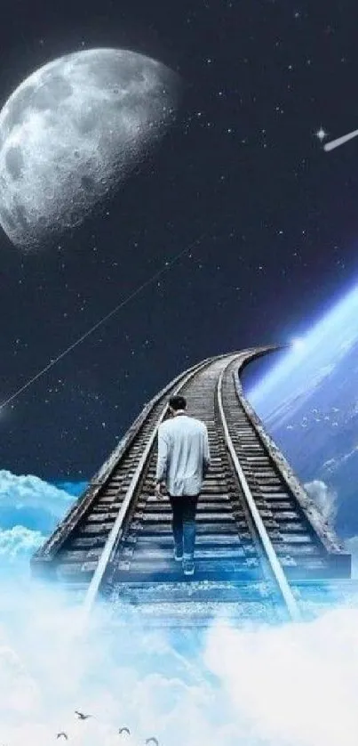 Surreal railway leading into space with moon and clouds.