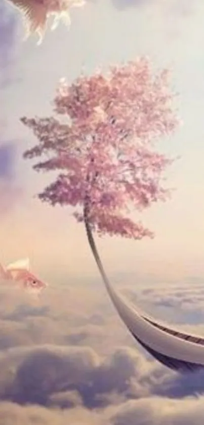 Surreal pink tree and goldfish above clouds wallpaper.