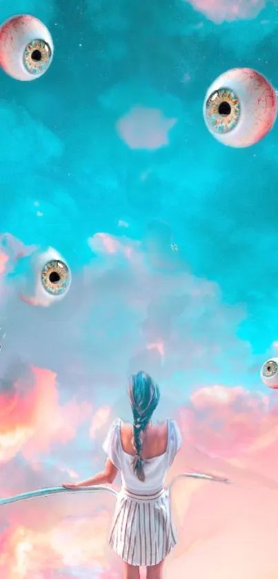 Surreal sky wallpaper with a girl and floating eyes.