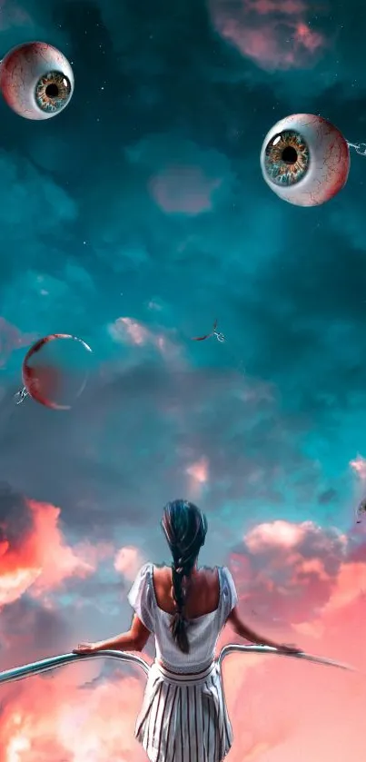 Surreal wallpaper with mystical figure looking at floating eyes in vibrant sky.