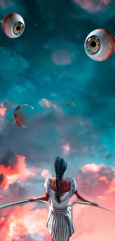 Surreal wallpaper with floating eyes and a figure against a vibrant sky.