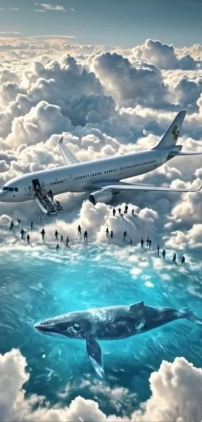 Surreal scene with airplane, whale, and clouds.