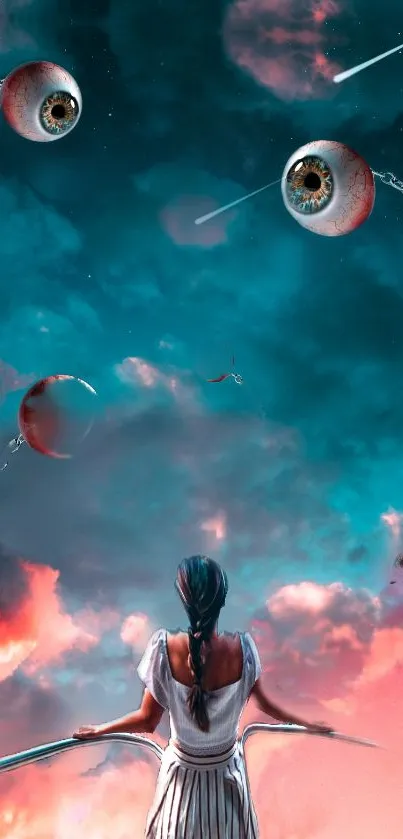 Girl gazes at floating eyes in a surreal, colorful sky.