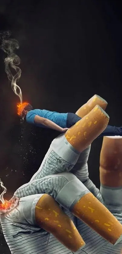 Surreal hand made of smoking cigarettes in dark artwork.