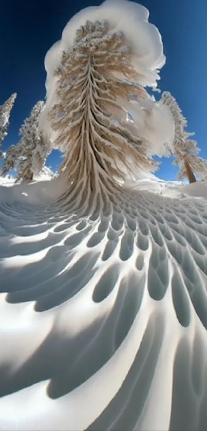 Intricate snow patterns in a surreal landscape with towering trees.