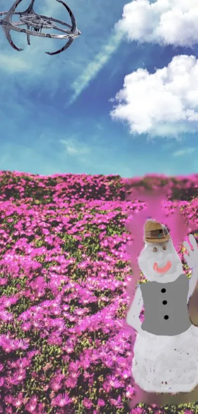 Whimsical snowman in vibrant flower field under dreamy sky.