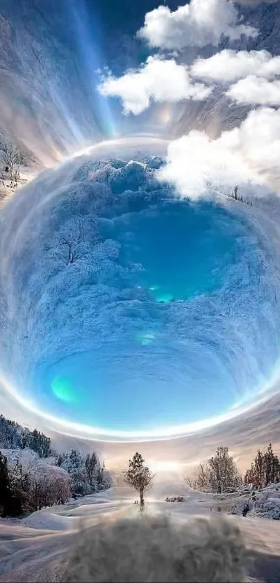 Surreal snowy portal opening in a vibrant sky landscape with ethereal lighting.