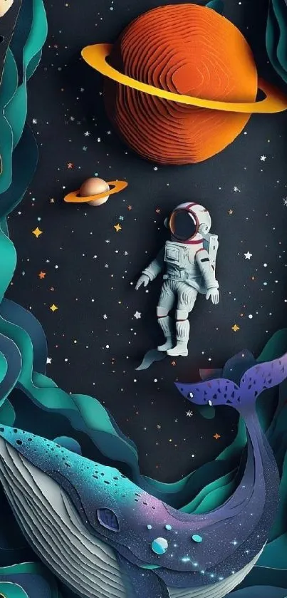 Surreal space art with astronaut and whale in a cosmic scene.