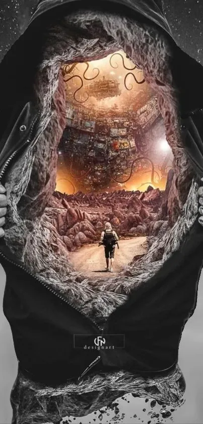 A surreal cosmic landscape inside a jacket, featuring a space-themed adventure.