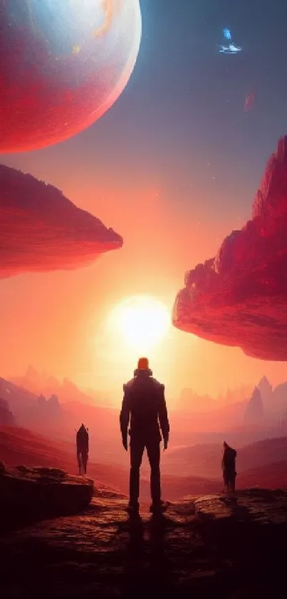 Silhouette of explorers on an alien planet with a cosmic sunset.