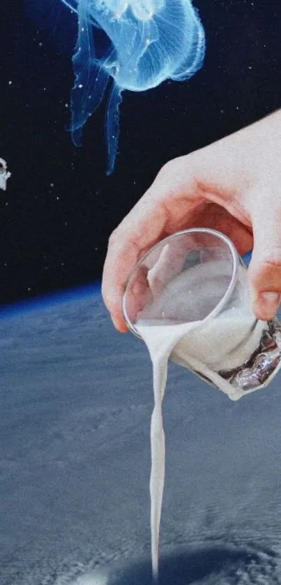 Surreal space-themed wallpaper with hand, milk, jellyfish, and astronaut.