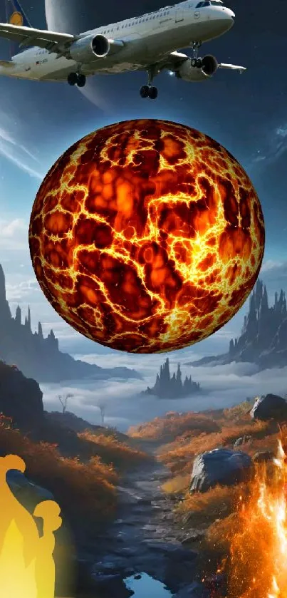 Fiery planet with airplane in surreal landscape.