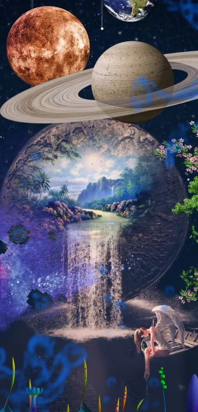 Surreal fantasy wallpaper with planets and waterfall.