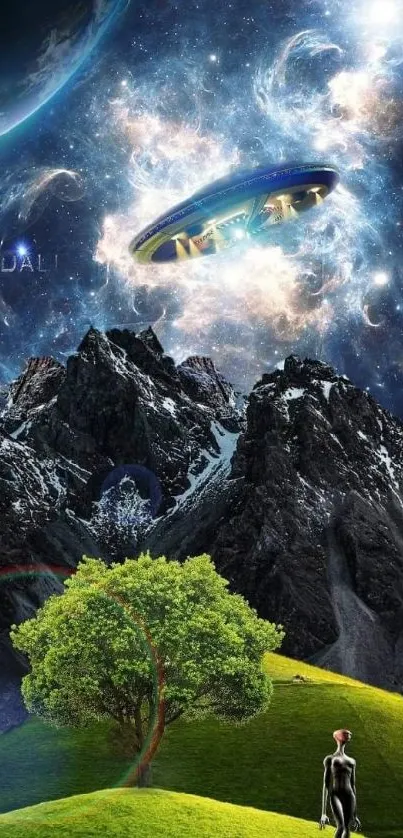 Surreal space landscape with green nature and UFO.