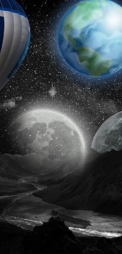 Surreal space landscape with hot air balloon and planets in a starry sky.