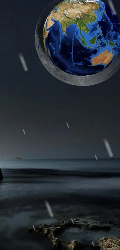 Surreal ocean scenery with Earth and moon in a dark, cosmic-themed wallpaper.