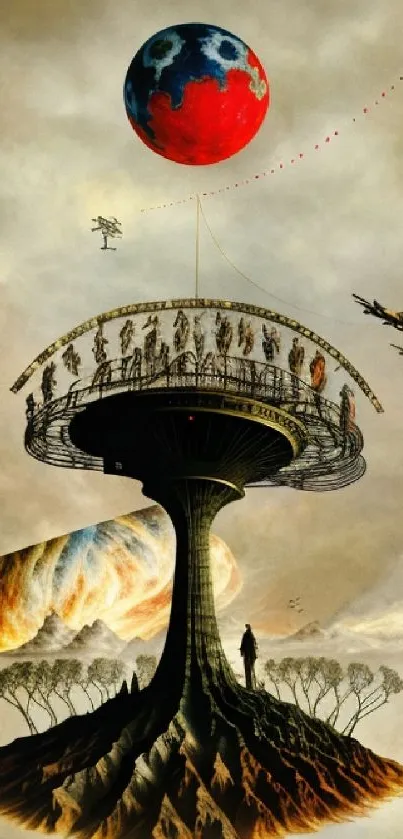 Surreal art of a space tower with a red planet and cosmic elements.