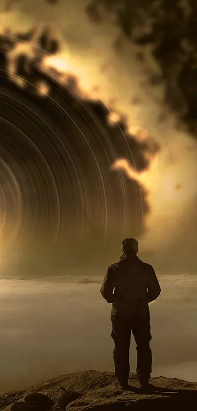 Figure stands before a surreal space vortex with dark clouds and cosmic light.