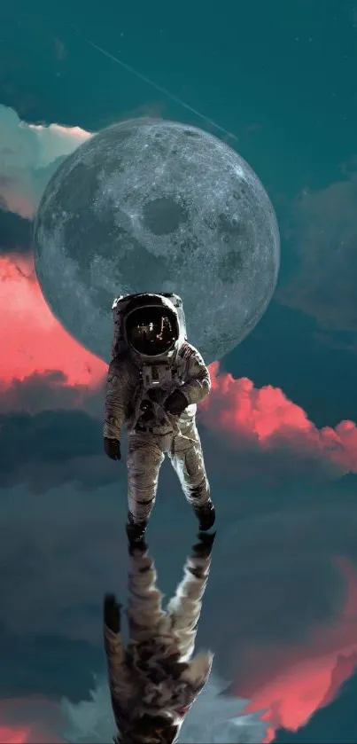 Astronaut with full moon reflection in a surreal cosmic landscape.