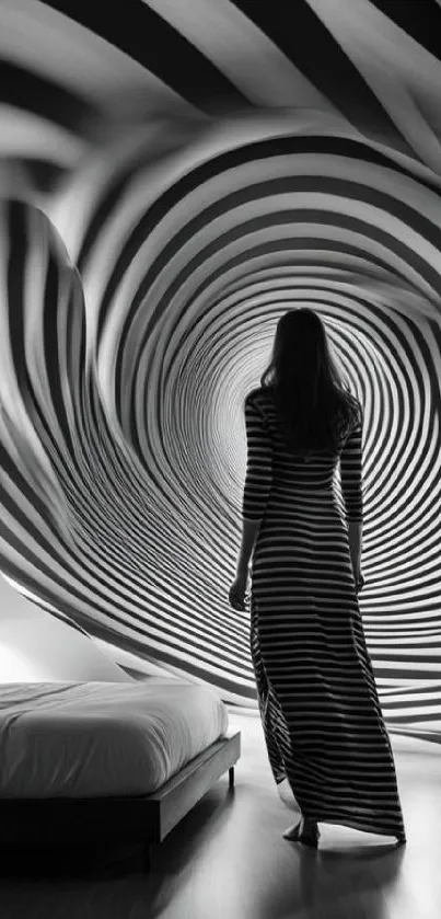 Surreal room with woman in stripes creating an illusion.