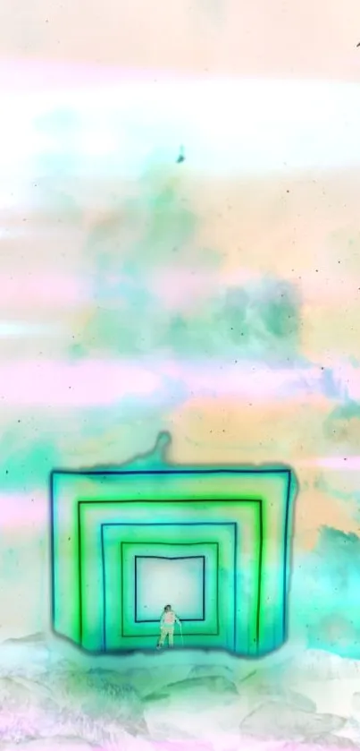 Abstract surreal wallpaper with a green square tunnel in a pastel sky.