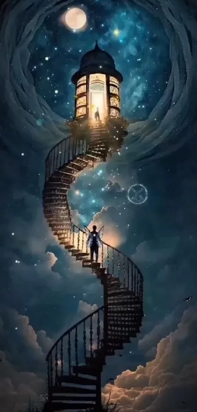 A stairway spirals up to a glowing portal in a starry night sky.