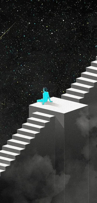 Surreal staircase with starry night sky and a seated figure in blue.