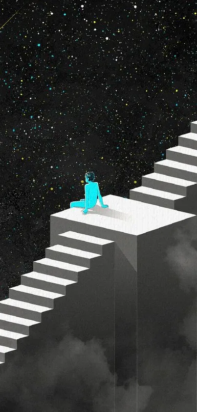 Surreal artwork featuring stairs against a starry black sky and a blue-hued figure.