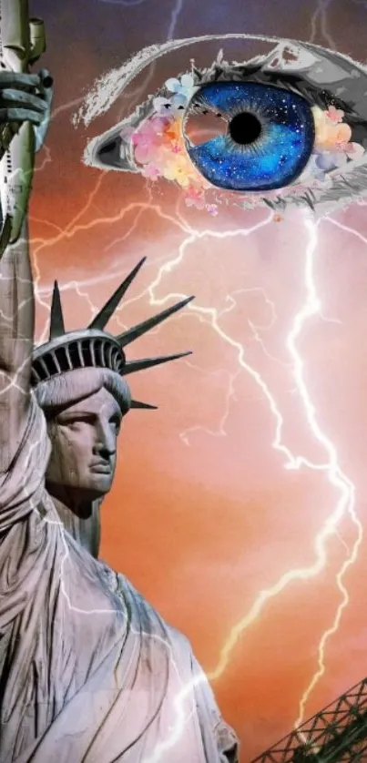 Surreal artwork with Statue of Liberty, eye, and lightning on mobile wallpaper.