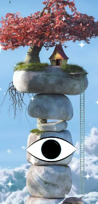 Surreal stone tower with eye and tree house on cloudy sky.