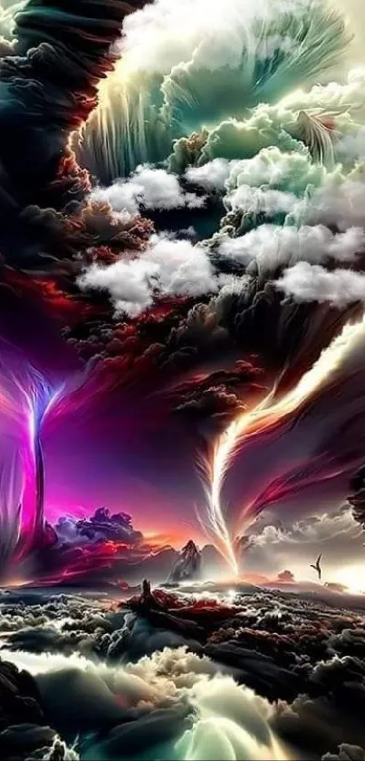 Surreal vibrant stormy sky wallpaper with colorful tornadoes.