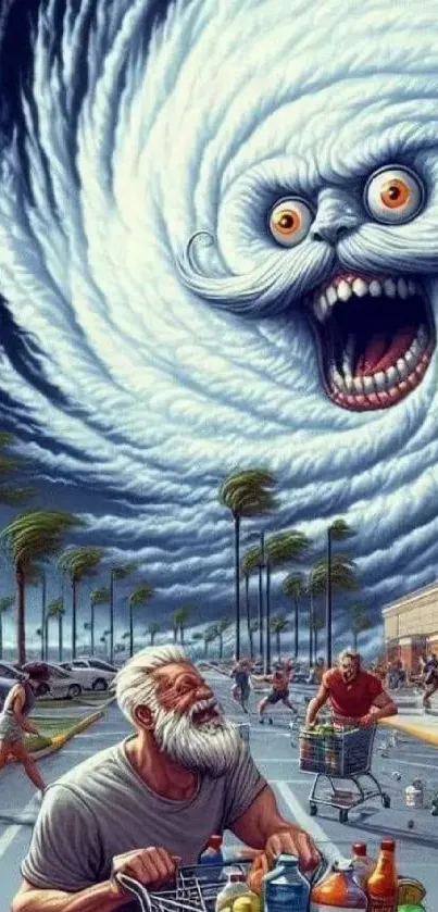 Surreal artwork of storm cloud face over street scene with running people.