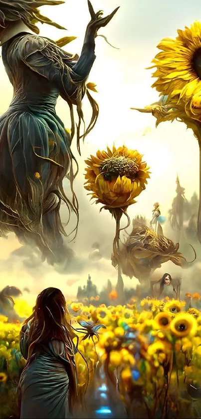 Surreal fantasy scene with sunflowers and ethereal figures in a mystical landscape.