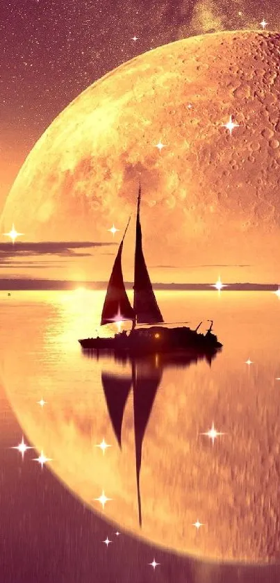 Surreal sunset with a sailboat and tree reflected on calm waters under a moonlit sky.